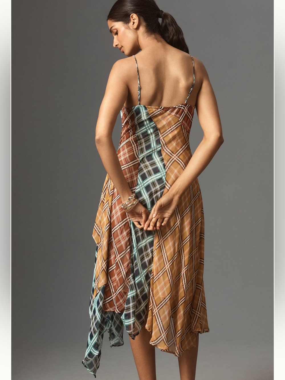 Maeve Sleeveless Asymmetric Plaid Midi Dress Size SP - Picture 3 of 7